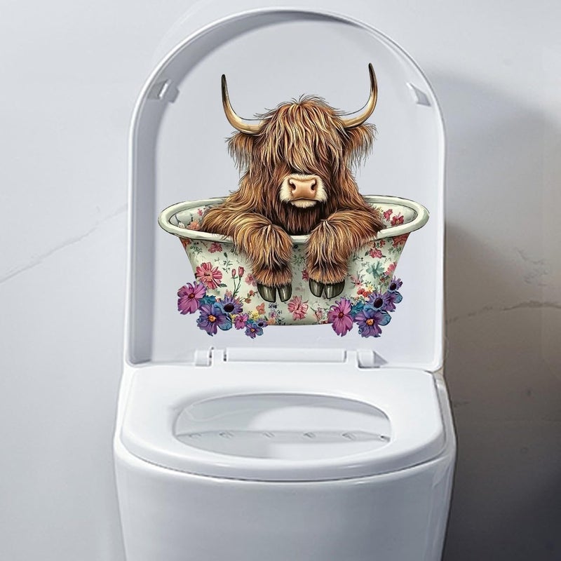 Iprokiu Funny Animal Toilet Seat Cover Decal Waterproof Cartoon Dog Cat Toilet Seat Lid Sticker Dinosaur Duck Washroom Bathroom Decal Home Wall Sticker (Bathing Cow) - Image 1